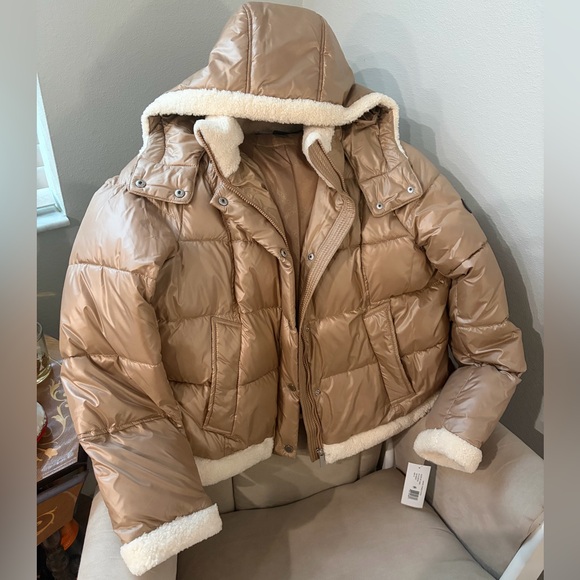 French Connection Jackets & Blazers - NWT French Connection Camel/Brown Sherpa Trim Puffer Coat in Women's Size XL